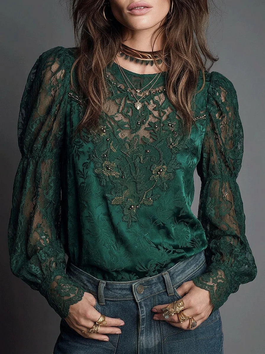 Women Round Neck Beaded Floral Lace Puff Long Sleeve Elegant Blouse