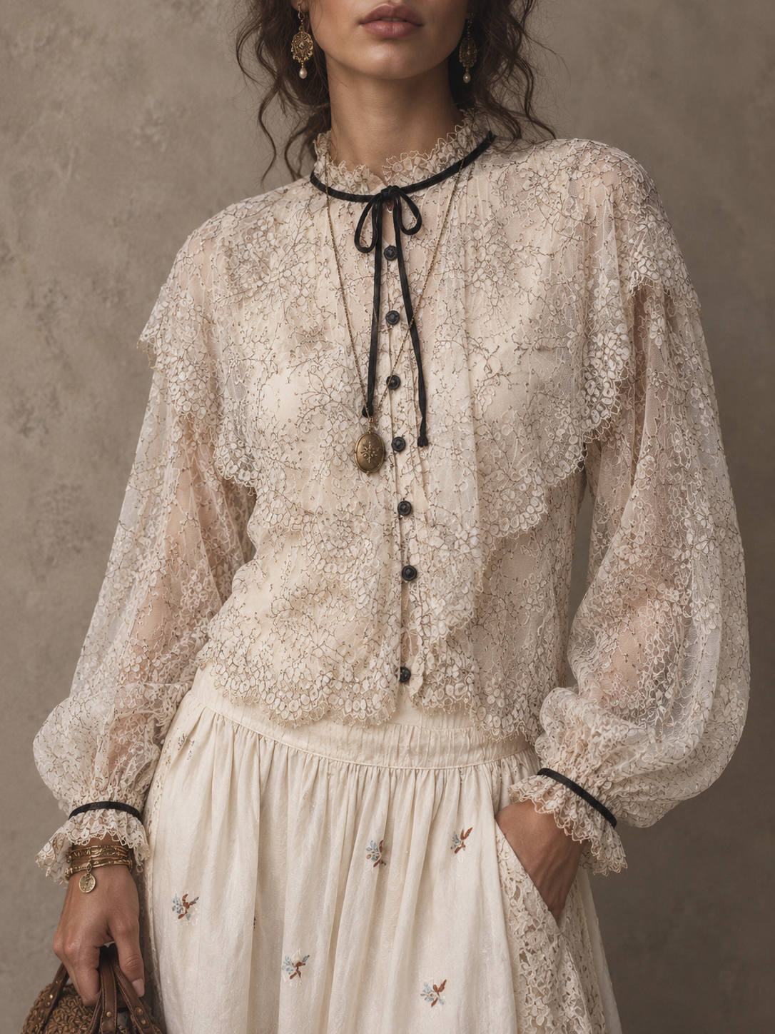 Cream Lace Ruffle Tie Neck Blouse