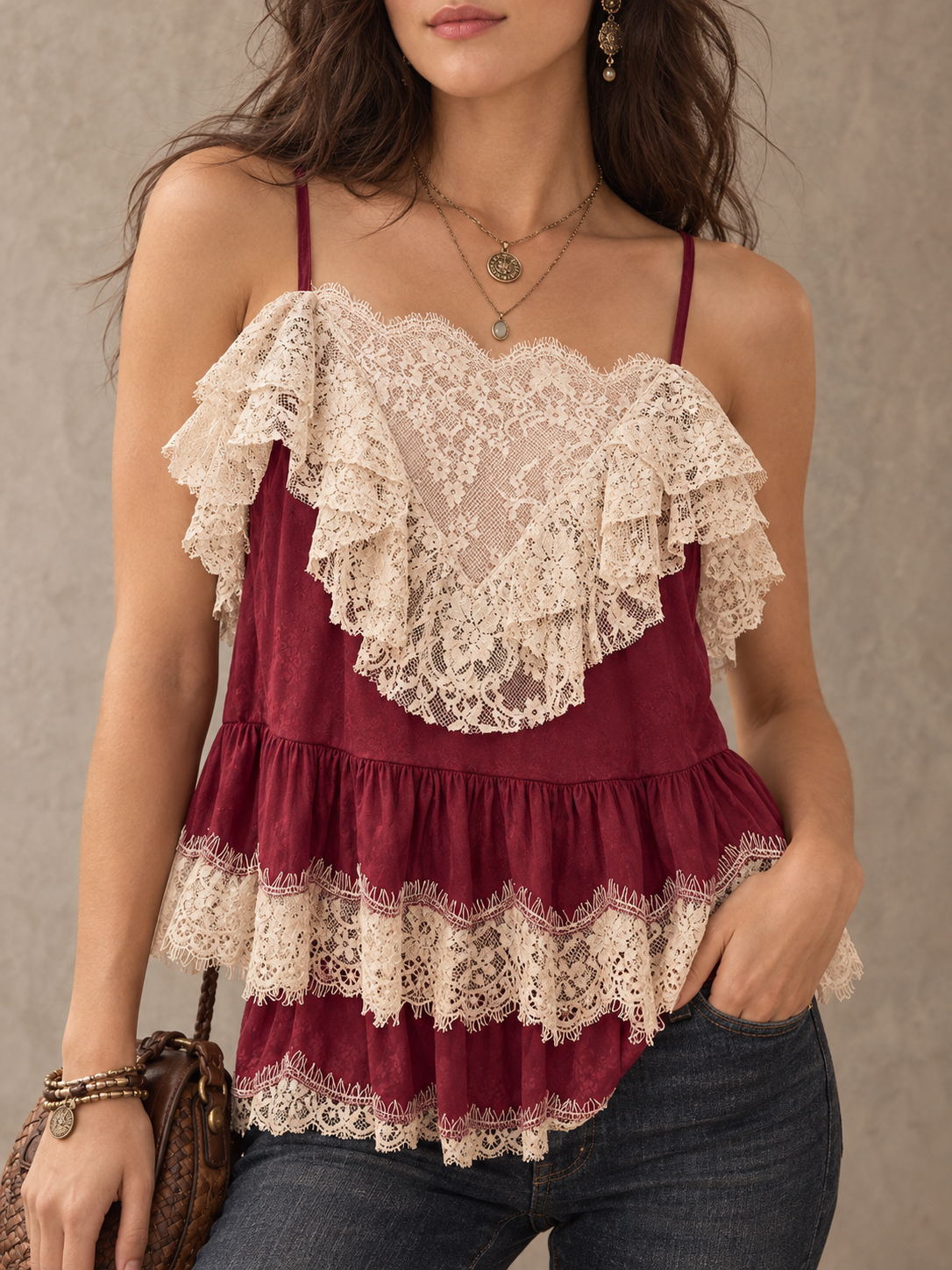 Burgundy Lace Ruffle Tiered Cami Top