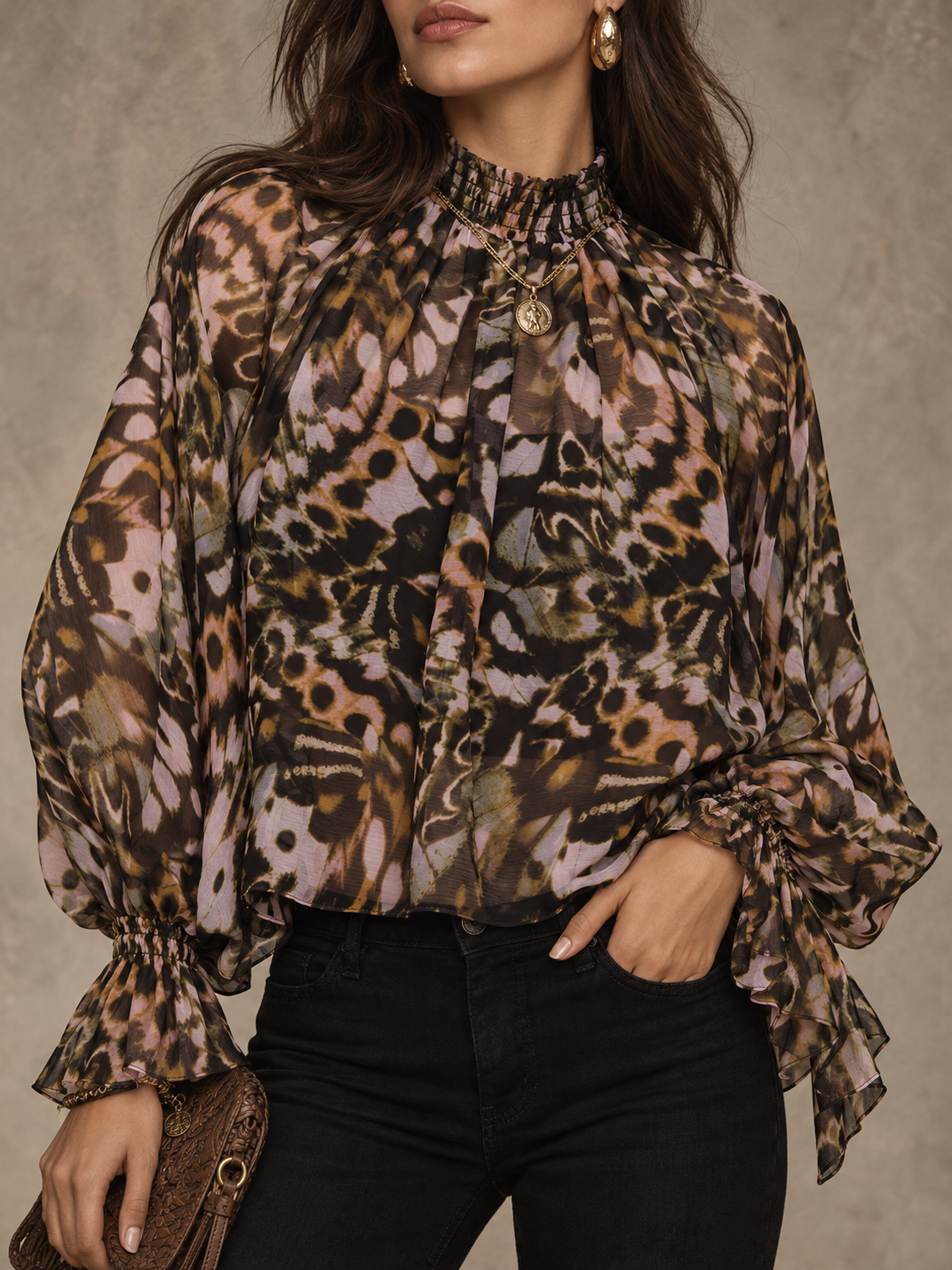 Brown Leopard Print High Neck Blouse