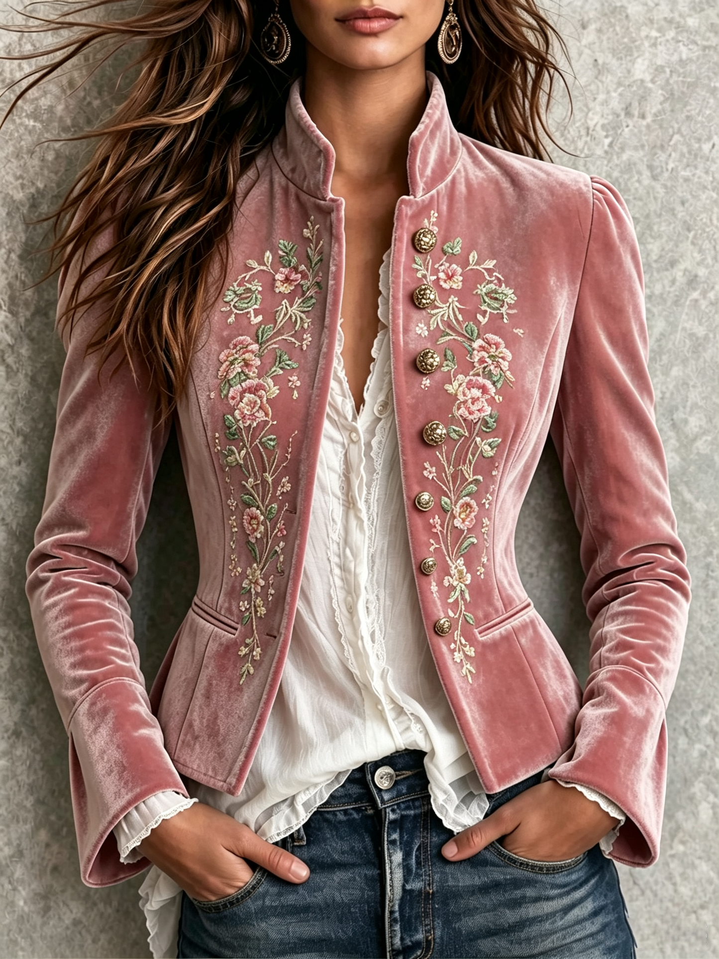Pink Embroidered Velvet Blazer
