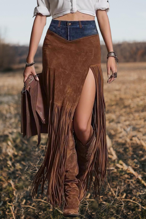 Mixed Texture Fringe Maxi Skirt