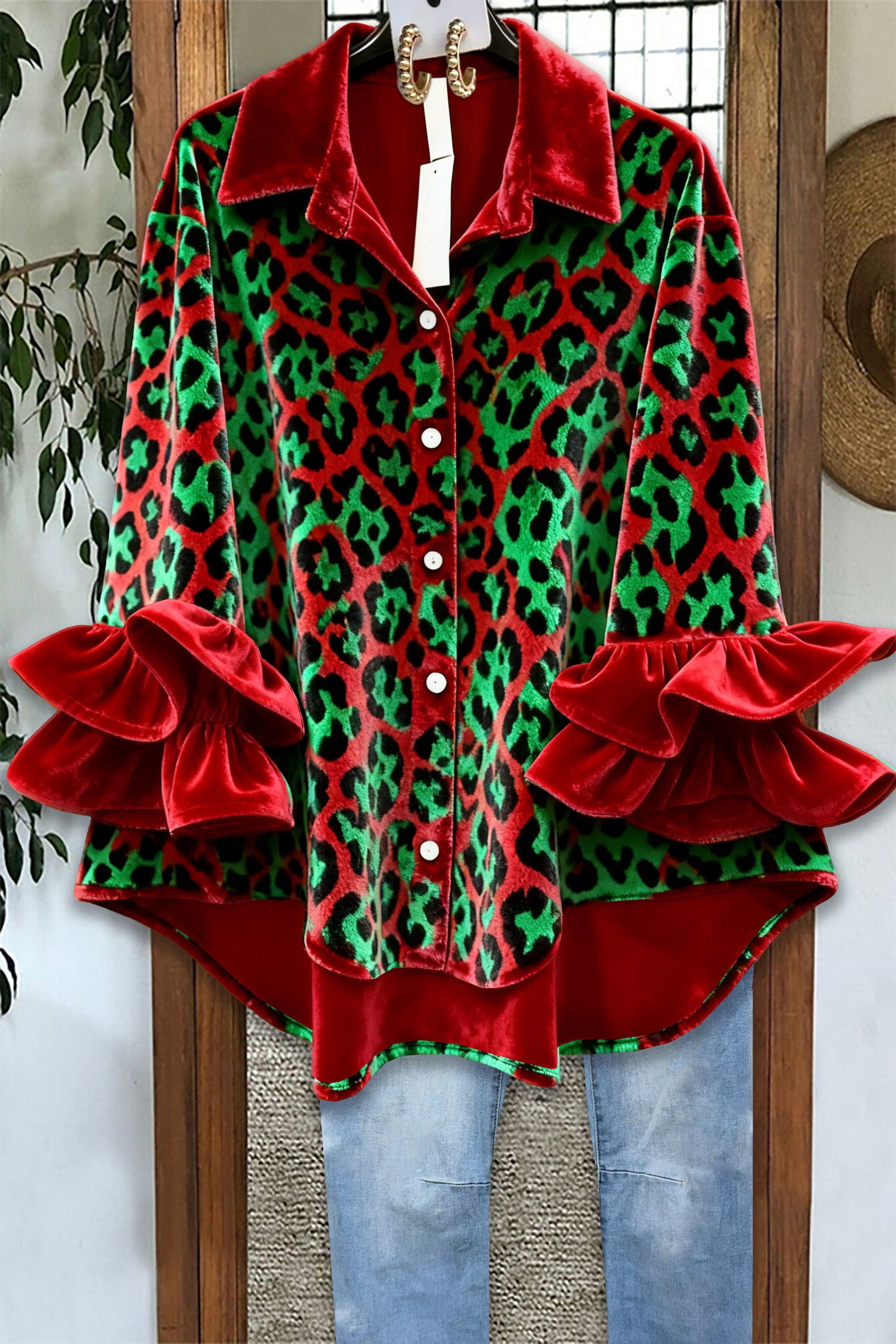 Christmas Leopard Print Ruffle Velvet Blouse