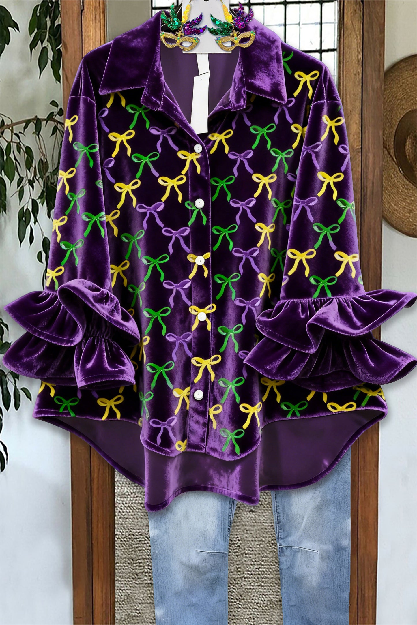 Mardi Gras Bow Ruffled Velvet Blouse