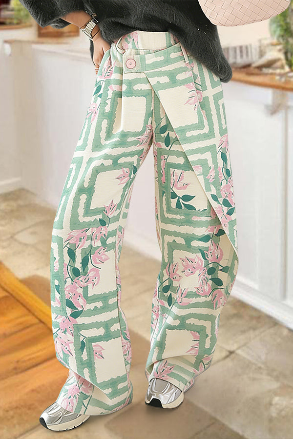 Gentle Floral Plaid Flowy Asymmetrical Pants