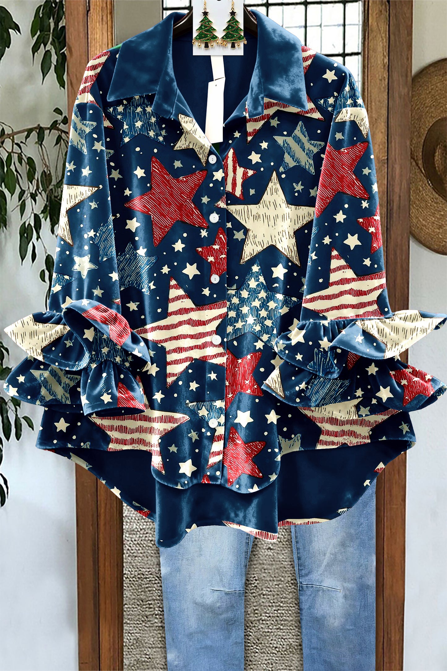 Velvet American Flag Star Ruffle Sleeve Top