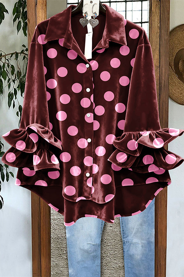 Retro Velvet Polka Dot Ruffle Sleeve Top