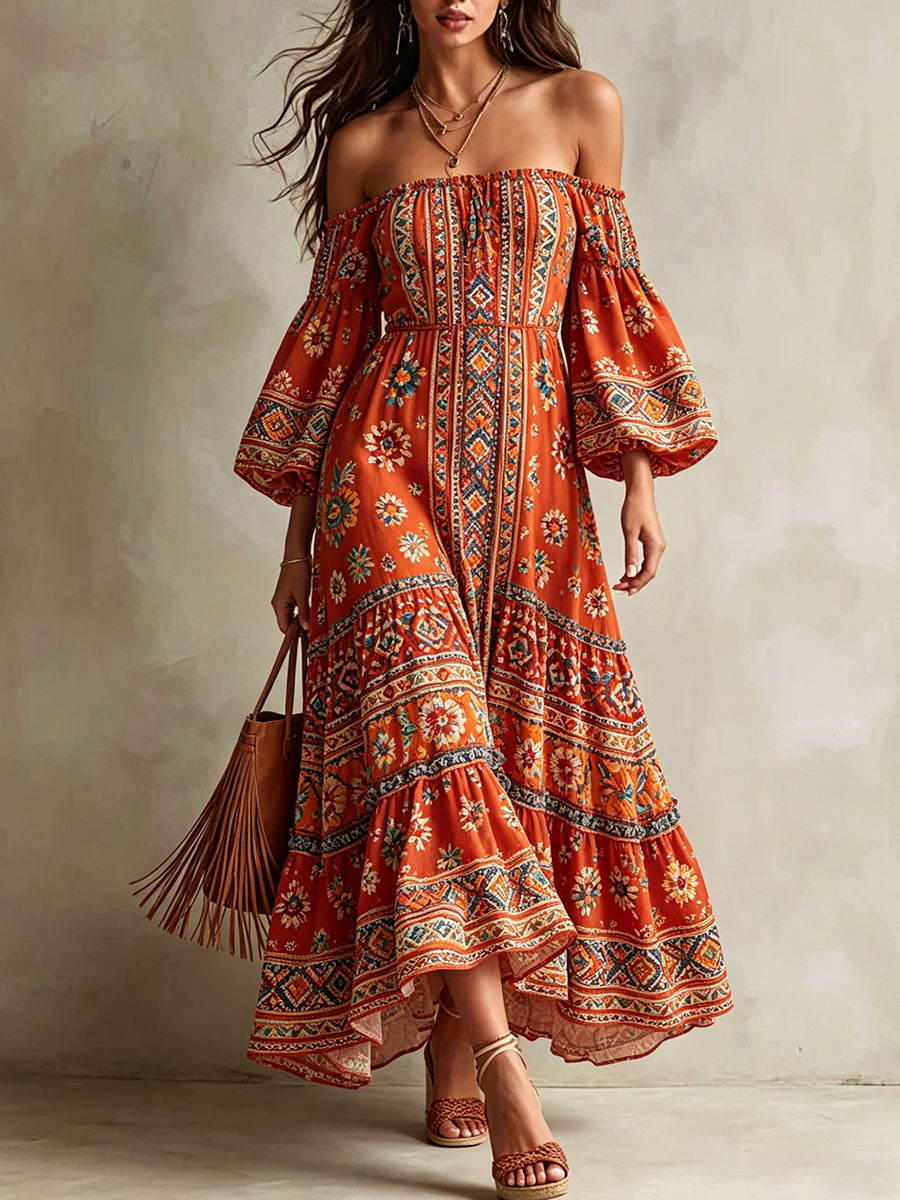 Off-Shoulder Floral Border Print Tiered Maxi Dress