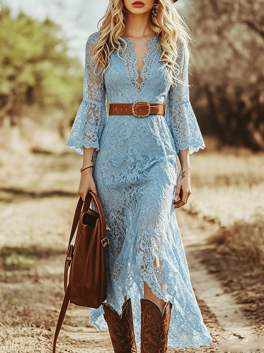 V-Neck Bell Sleeve Lace Midi Dress