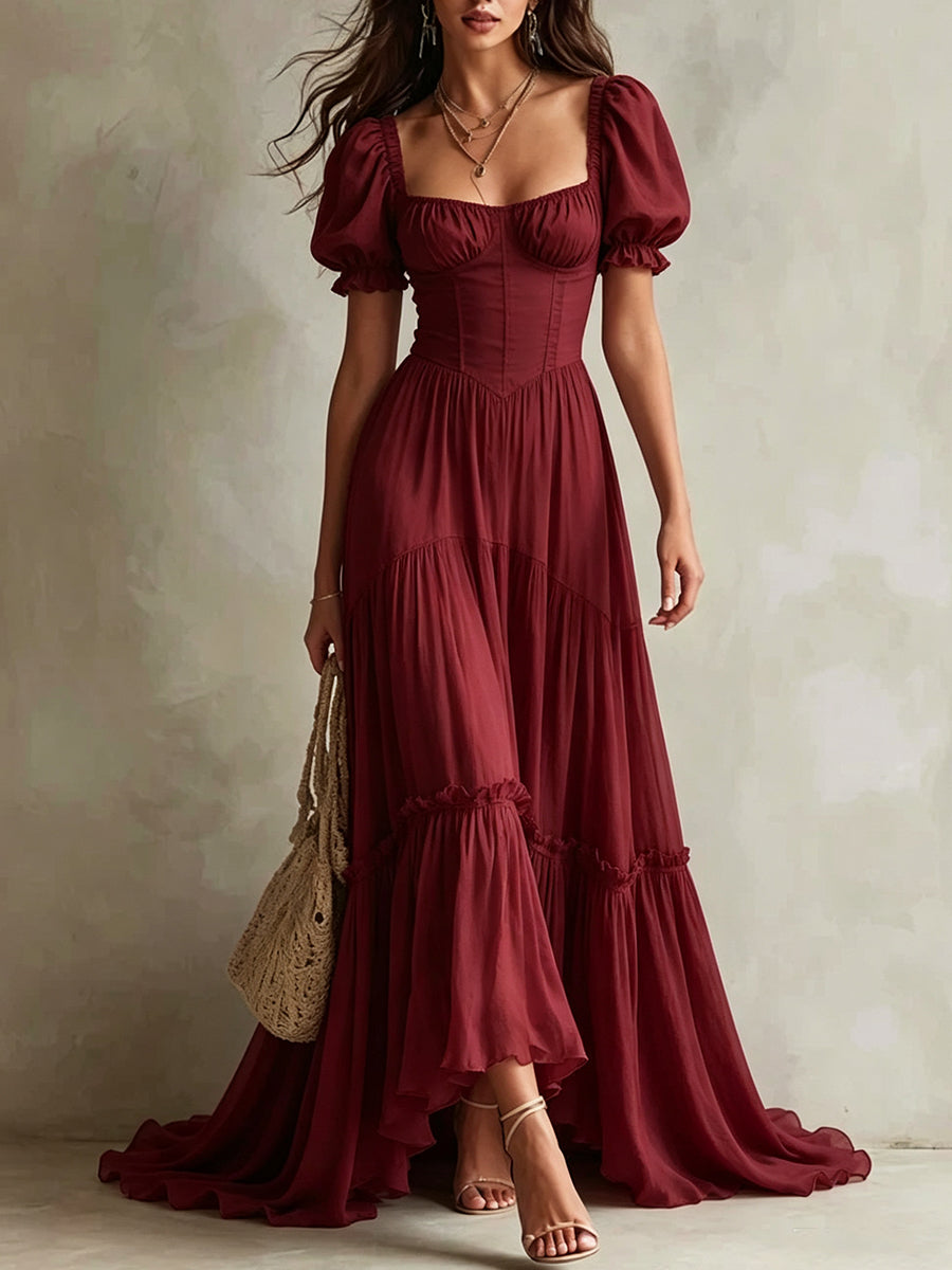 Square Neck Puff Sleeve Tiered Maxi Dress