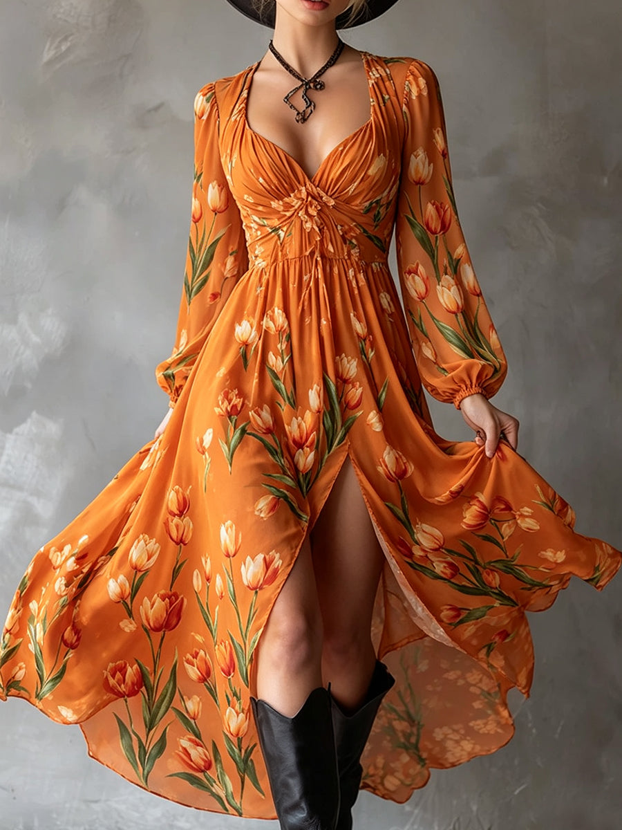 Deep V-Neck Tulip Print Long Sleeve Maxi Dress