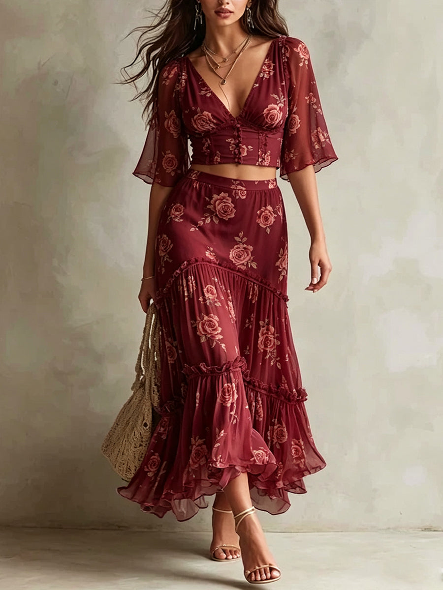 Rose Print Flutter Sleeve Crop Top & Tiered Skirt Set