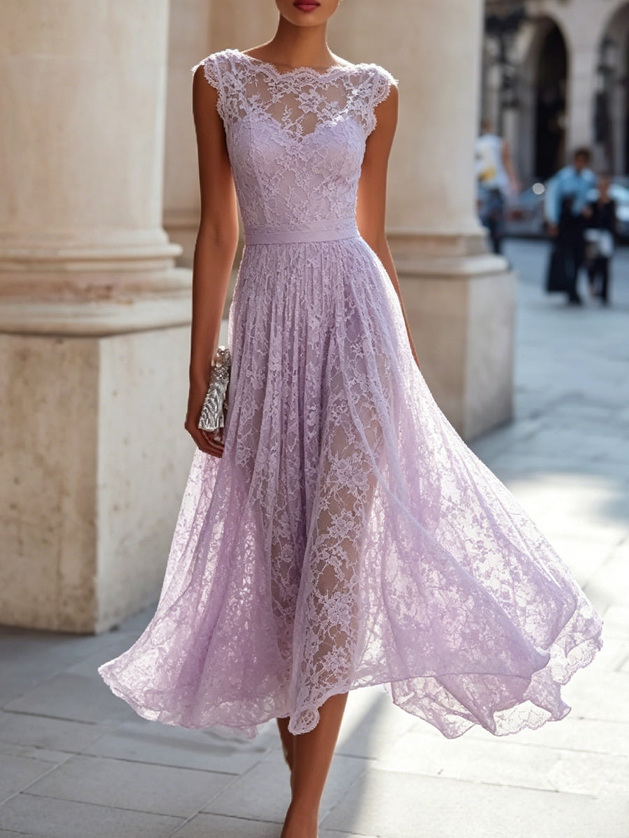Lace Cap Sleeve A-Line Midi Dress
