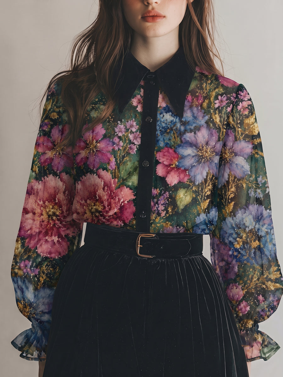 Watercolor Floral Print Long Sleeve Blouse