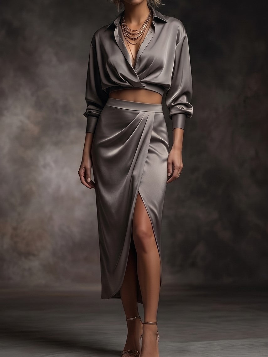 Satin Cropped Shirt & Draped Skirt Set