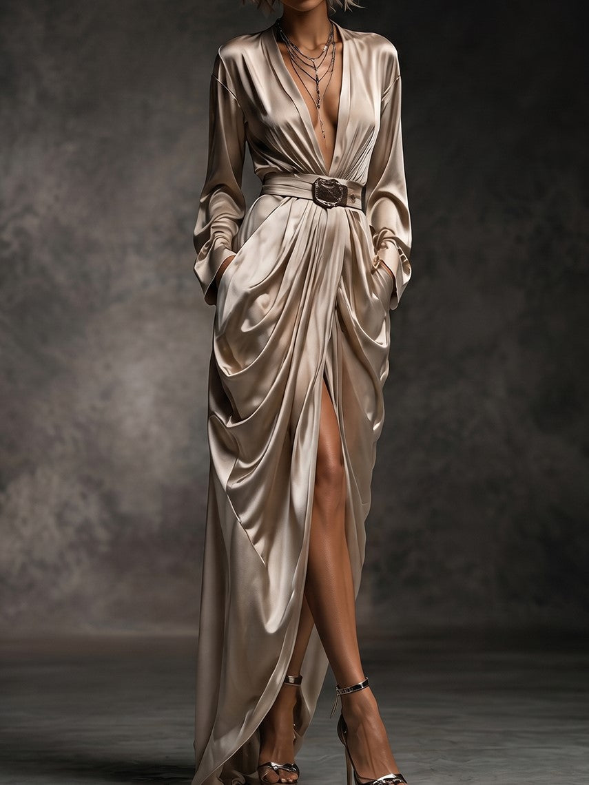 Long Sleeve Draped Satin Wrap Maxi Dress