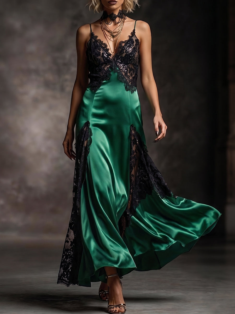 Emerald Green Sequin Lace High Slit Satin Gown