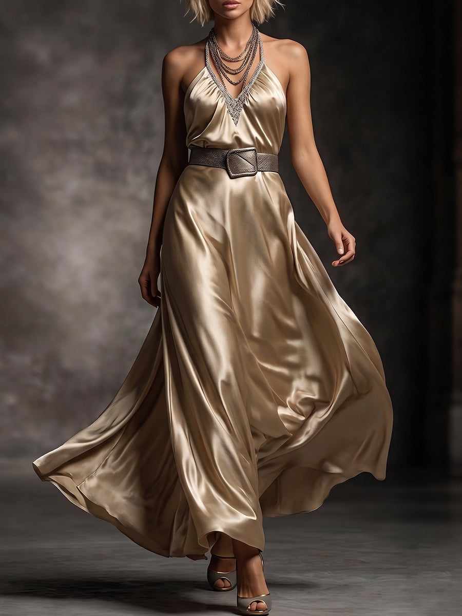 Light Gold Beaded Halter Belted Gown