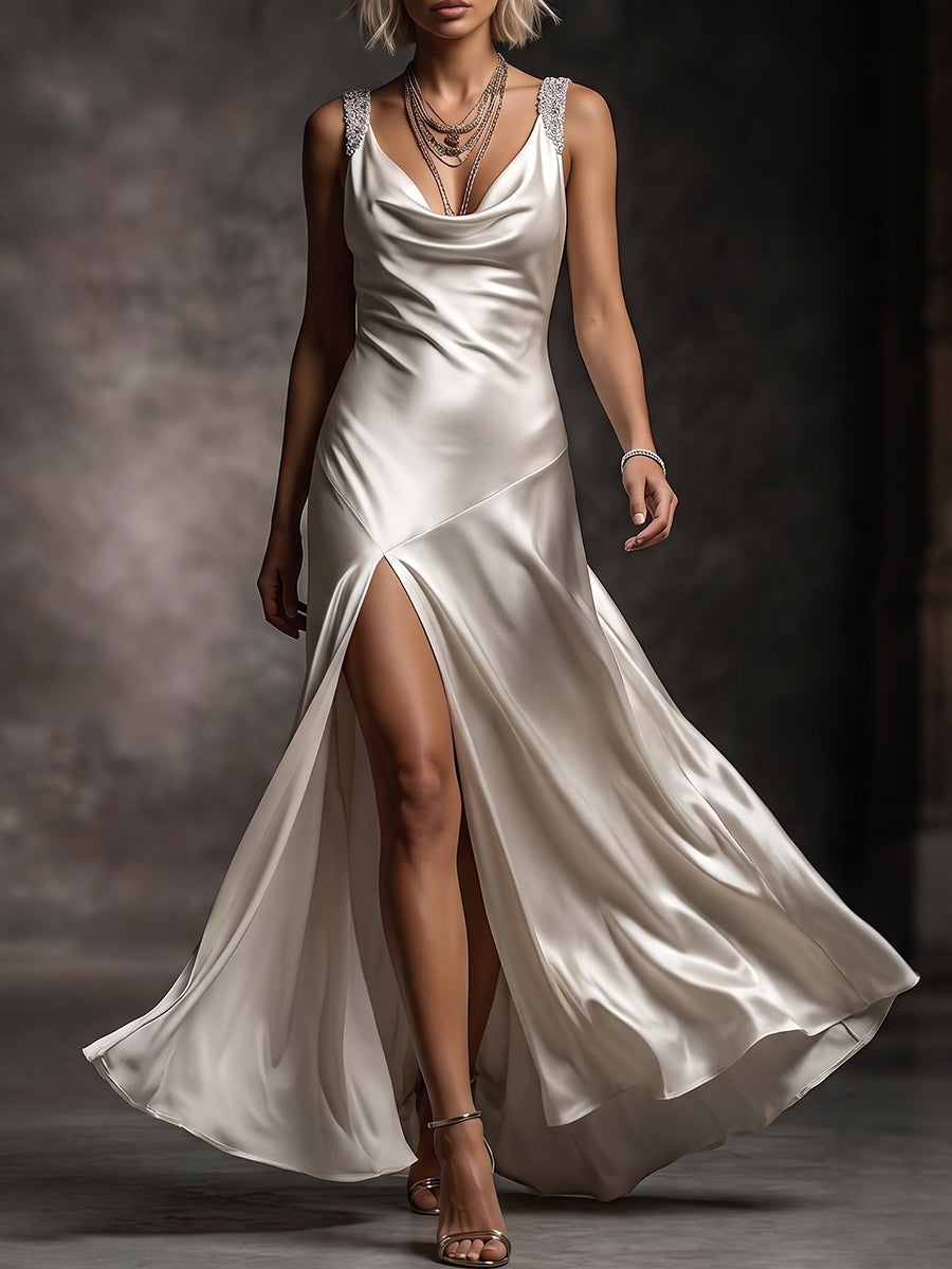 Ivory Cowl Neck Rhinestone Strap High Slit Gown