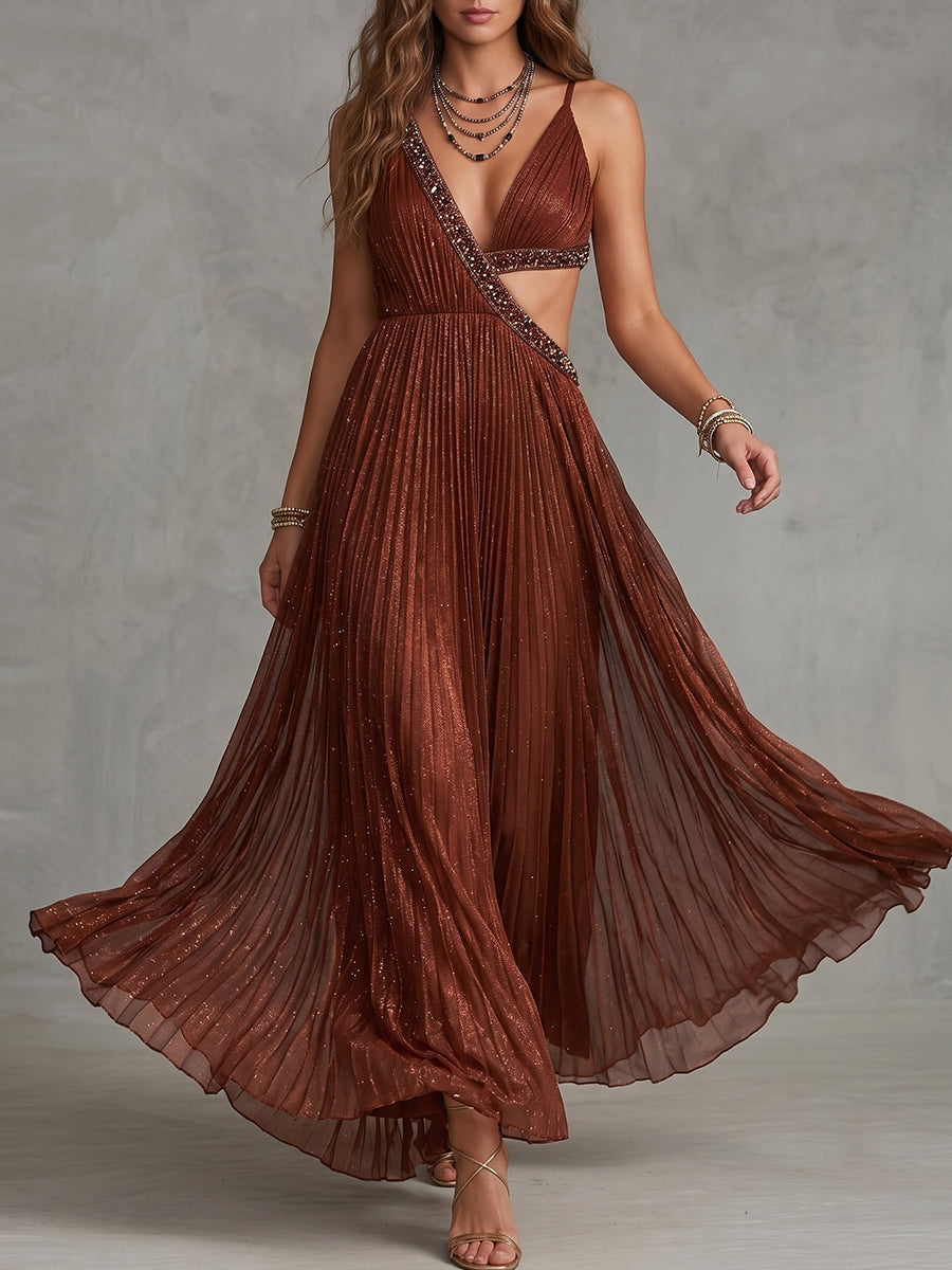 Copper Sparkle Pleated Cutout Maxi Dress
