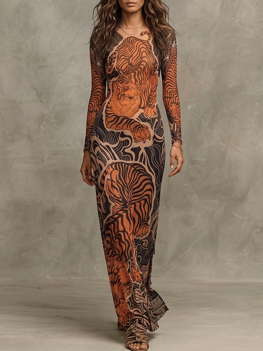 Tiger Line Art Long Sleeve Maxi Dress