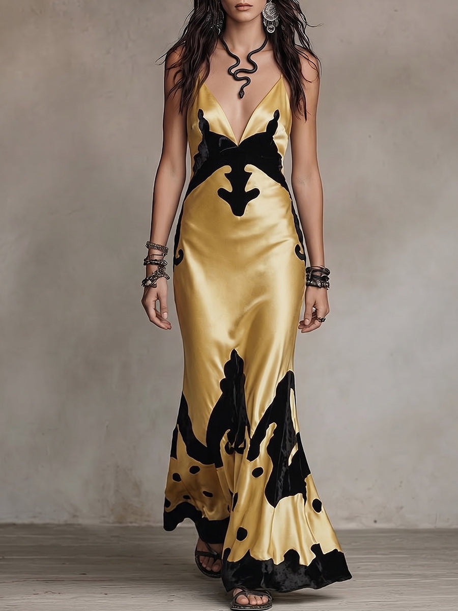 Gold Velvet Applique Mermaid Maxi Dress
