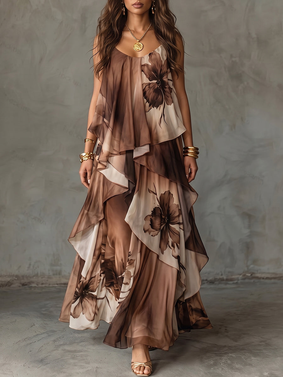 Brown Floral Asymmetric Tiers Maxi Dress