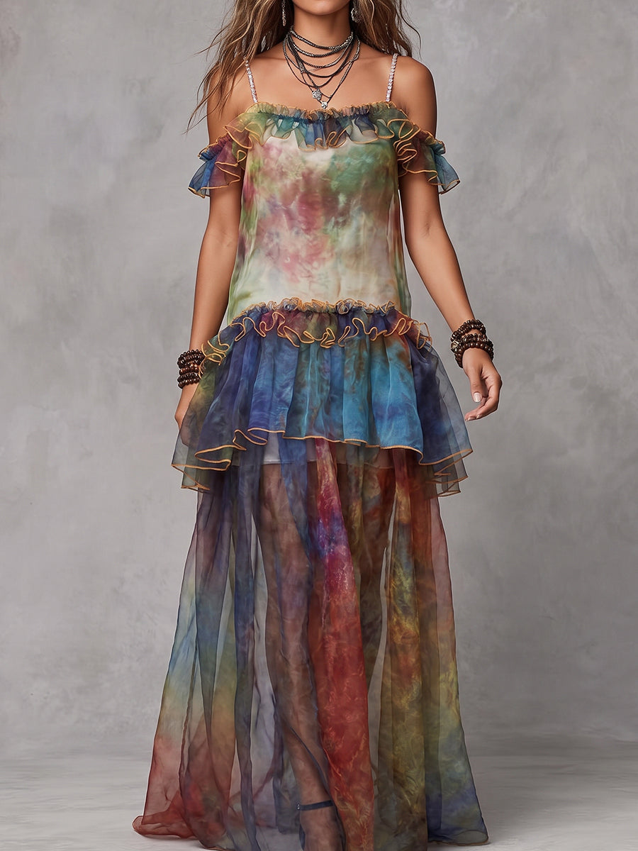 Tie-Dye Sheer Ruffle Maxi Dress
