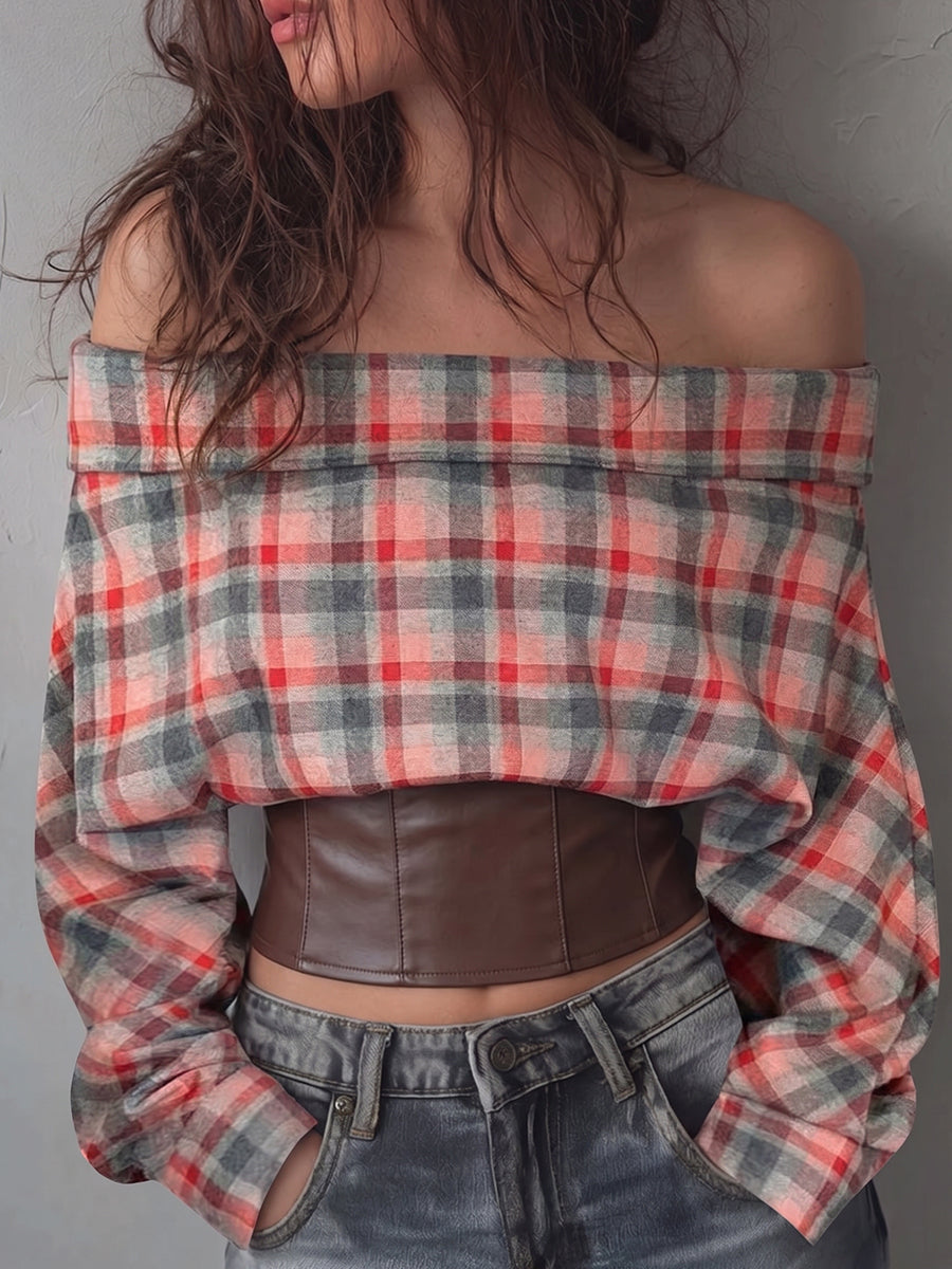 Red Plaid Leather Corset Top