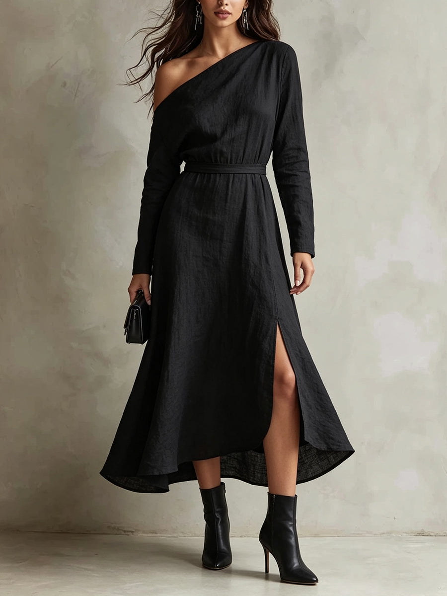 Black Asymmetric Off-Shoulder Midi Dress