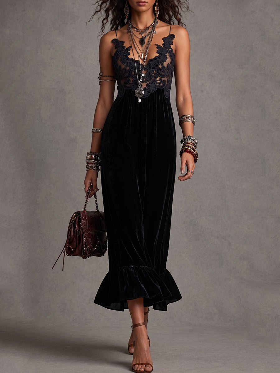 Black Velvet Lace Bodice Maxi Dress