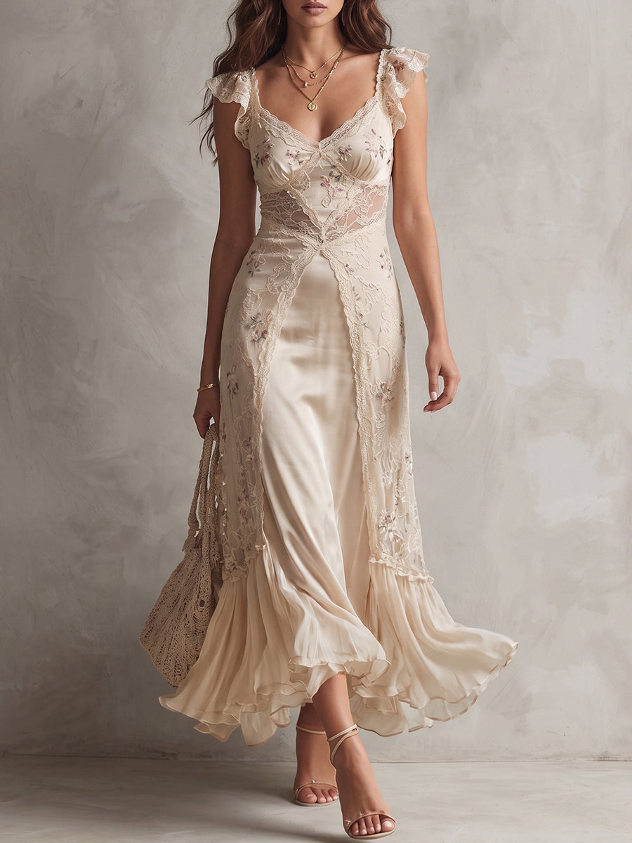 Cream Lace Panel Ruffle Maxi Dress