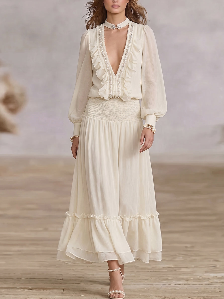 Cream Ruffle Choker Maxi Dress