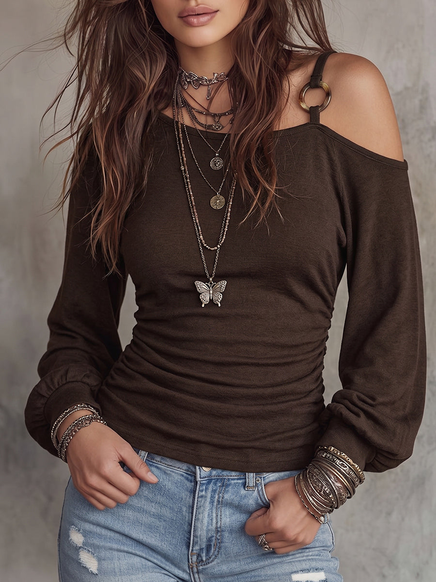 Chocolate Asymmetric Strap Off-Shoulder Top