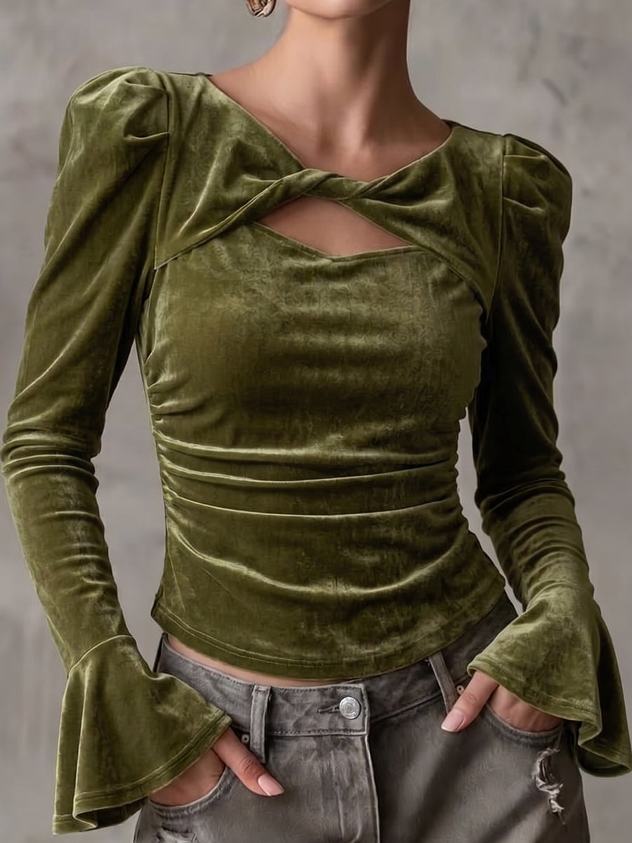 Green Velvet Cutout Long Sleeve Top