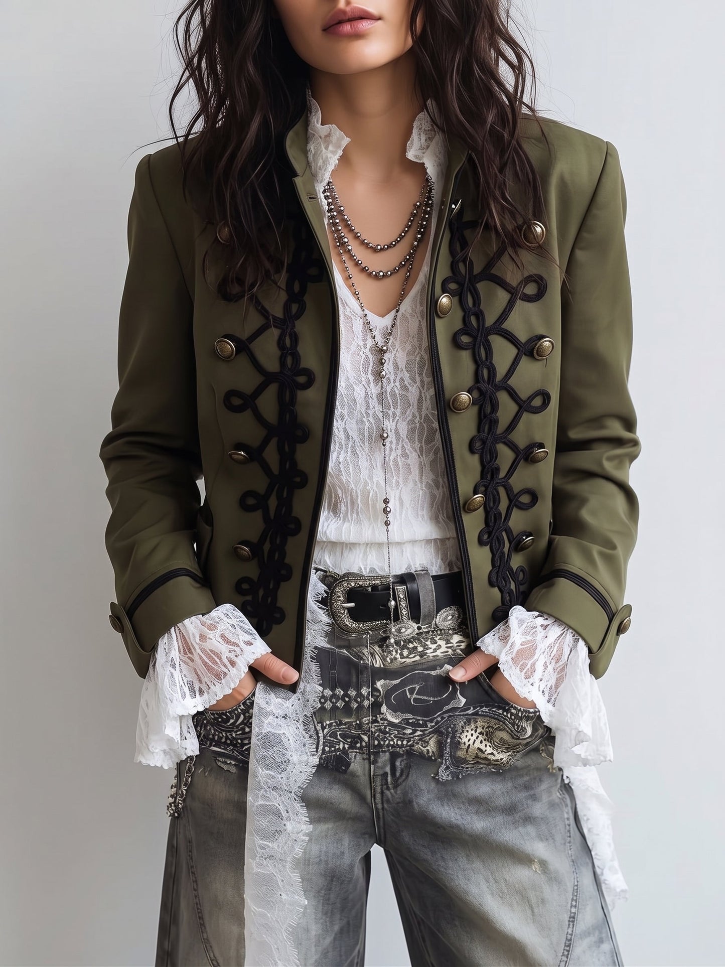 Green Lace-Up Military Jacket