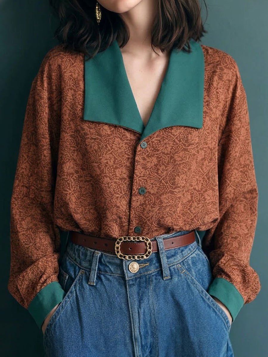 Rust Floral Print Green Collar Blouse