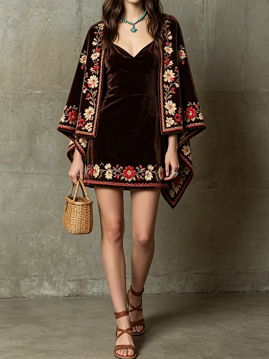Brown Velvet Embroidered Mini Dress