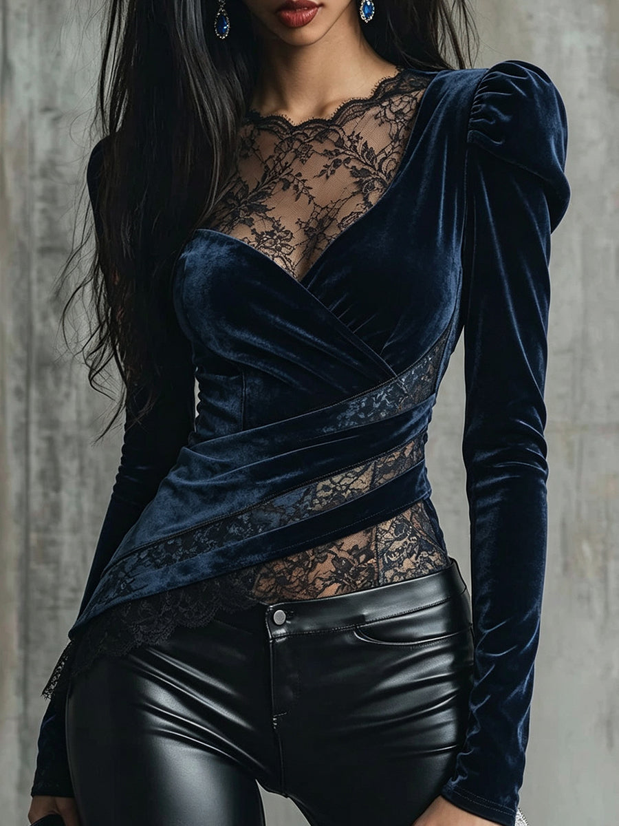 Navy Velvet Lace Panel Bodysuit