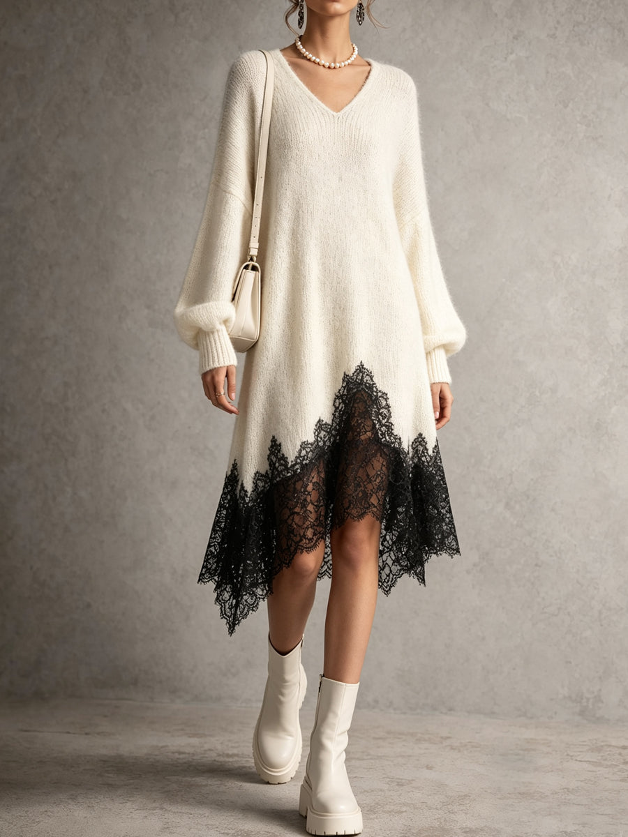 Cream V-Neck Black Lace Trim Knit Dress