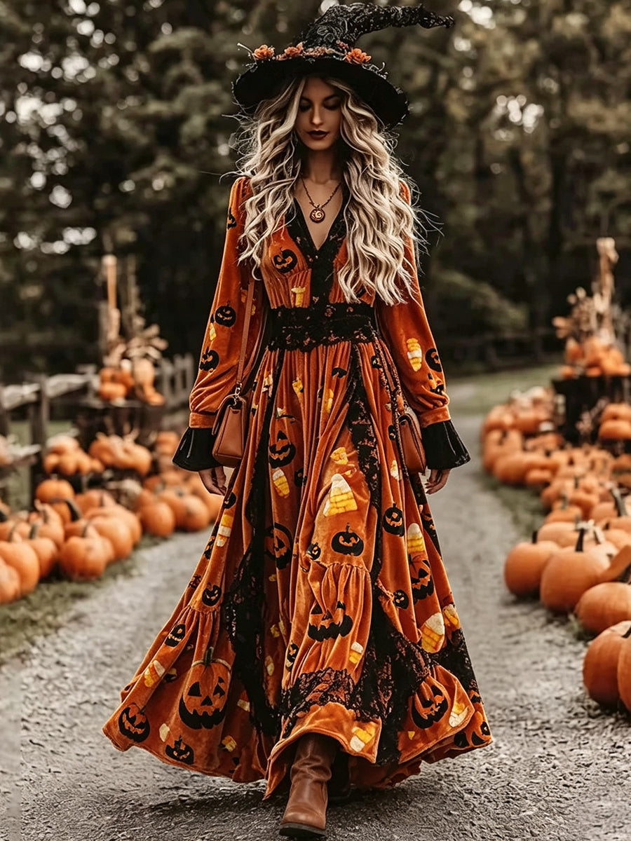 Orange Pumpkin Candy Corn Velvet Maxi Dress