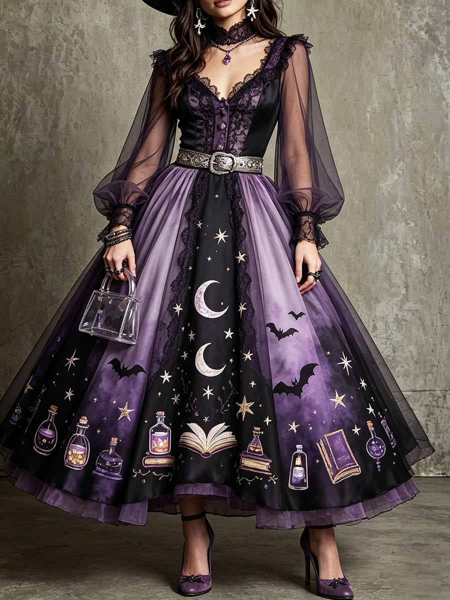 Purple Spellbook Sheer Sleeve Midi Dress
