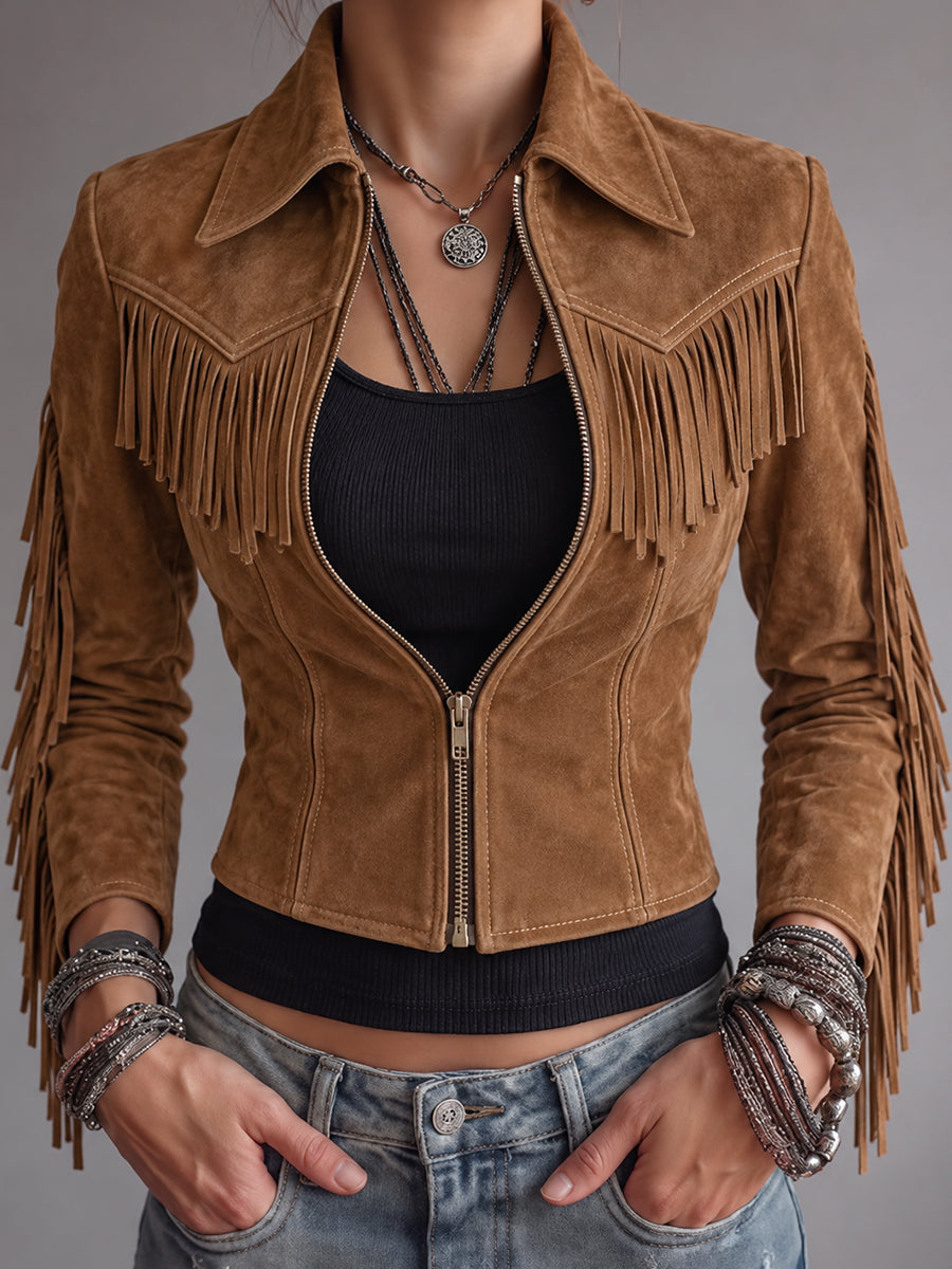 Camel Suede Fringe Leather Jacket