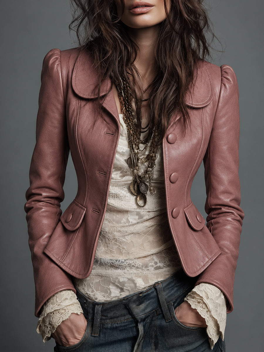 Brown Striped Leather Bomber Jacket