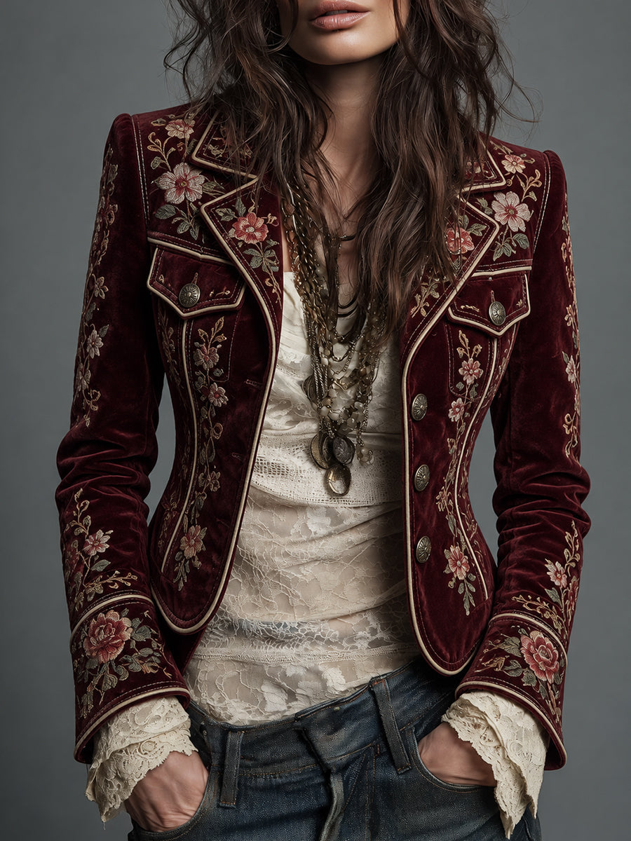Burgundy Floral Velvet Military Jacket