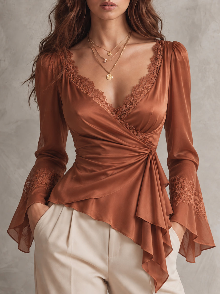 Rust Scarf-Tie Sheer Blouse