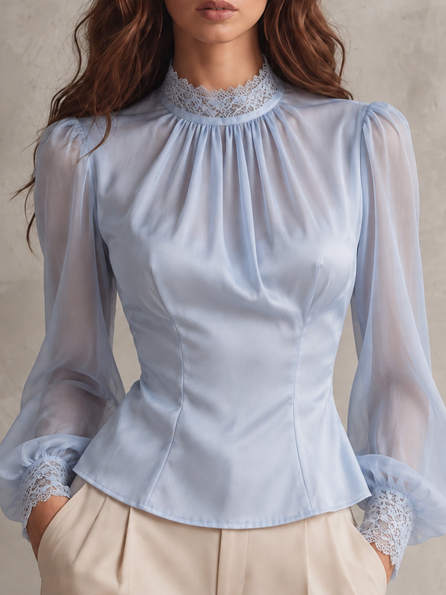 Powder Blue Lace Collar Satin Blouse