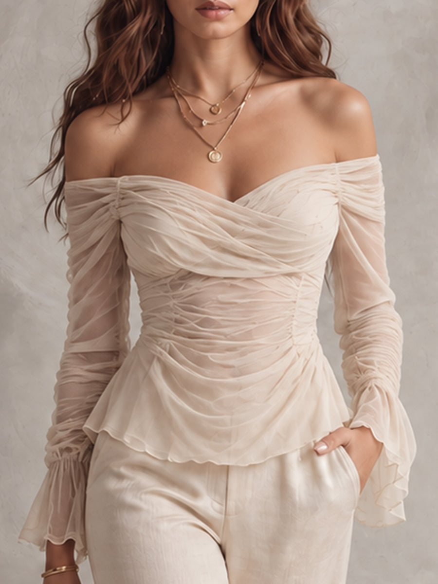 Ivory Off-Shoulder Ruched Chiffon Blouse