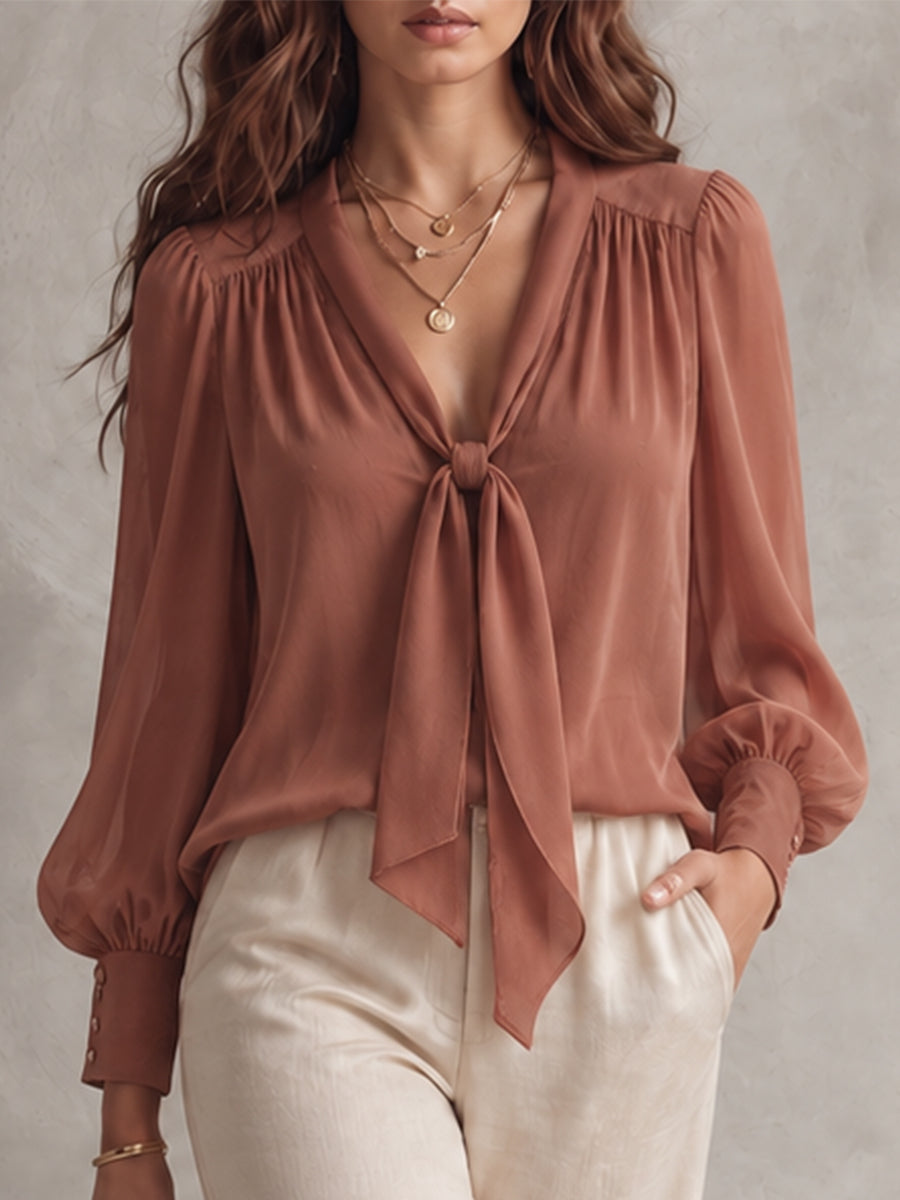 Terracotta Tie-Neck Satin Blouse