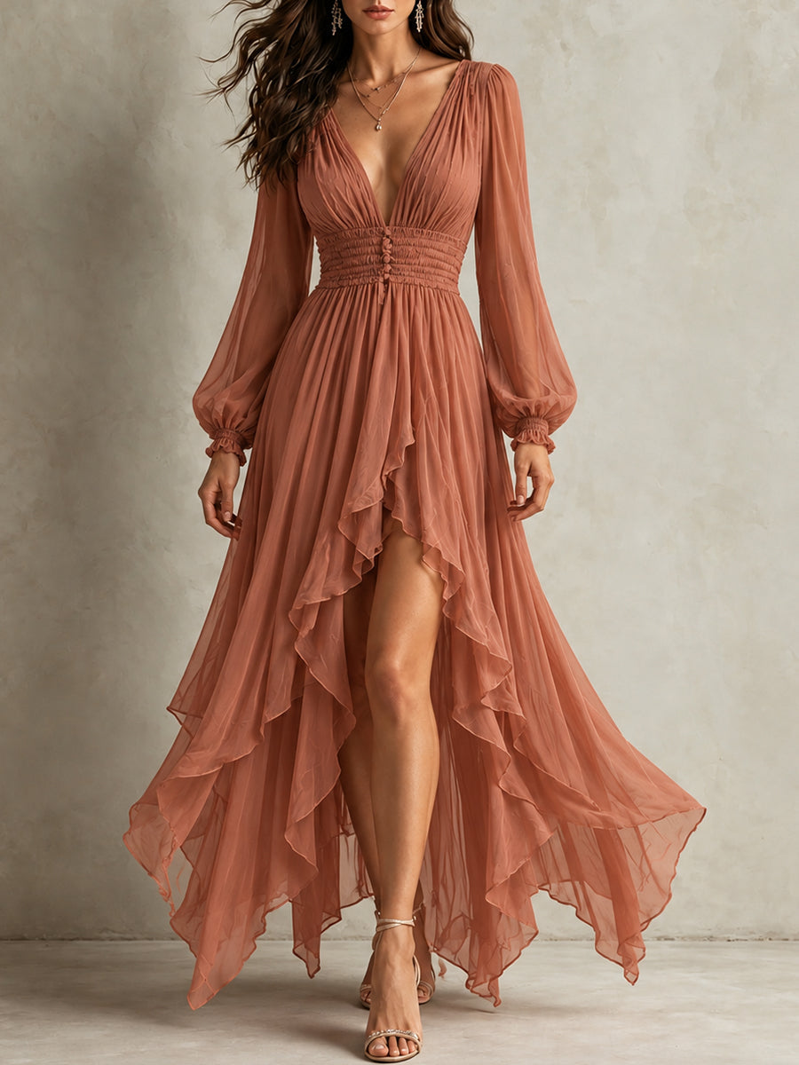 Terracotta Ruched Waist Ruffle Maxi Dress